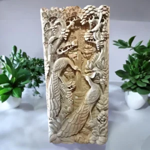 Hand-Carved Wooden Peacock Relief